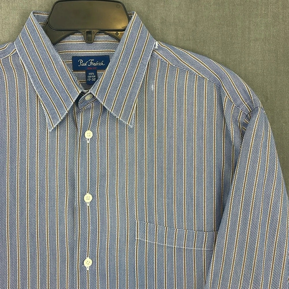 Paul Fredrick‎ Men’s LS Oxford Dress Shirt Blue Stripe Size 17-32 Trim Fit - Picture 2 of 10